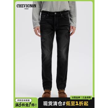 法國CHEVIGNON尚飛揚 2024秋冬標準小腳男牛仔褲徽章經典黑色長褲