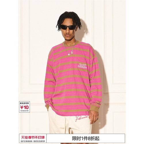 EMPTY REFERENCE美式復古棕粉撞色設計T恤春秋休閑條紋長袖內搭