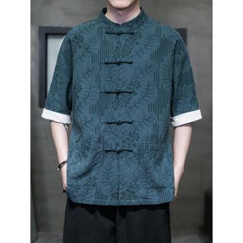 中國風男裝提花夏季短袖襯衫男盤扣立領唐裝中式復古茶服休閑上衣