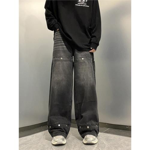 美式復古潮牌高街設計感牛仔褲男女春秋季小眾朋克風闊腿長褲子潮