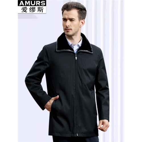 愛繆斯海貍毛皮內膽男士翻領棉衣中長款加厚保暖尼克服外套