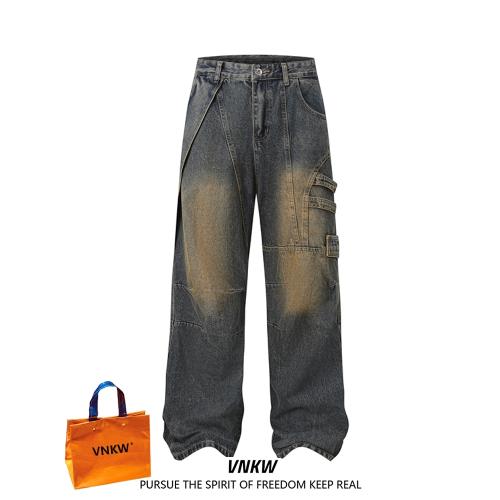 美式cleanfit休閑直筒牛仔褲男女復古vintage寬松闊腿情侶工裝褲