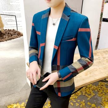 歐洲站男士格子休閑西服外套秋季英倫單西個性拼色韓版修身小西裝