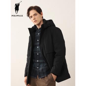POLOWALK男士黑色中長款連帽羽絨服冬季新款休閑保暖厚款鵝絨外套