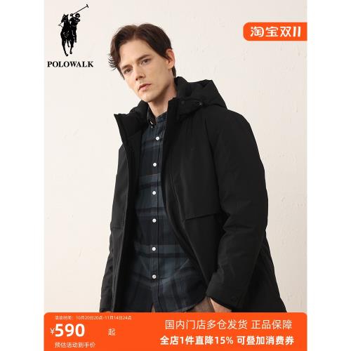 POLOWALK男士黑色中長款連帽羽絨服冬季新款休閑保暖厚款鵝絨外套
