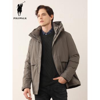 POLOWALK中長款男士羽絨服秋冬商場同款商務休閑保暖連帽鵝絨外套