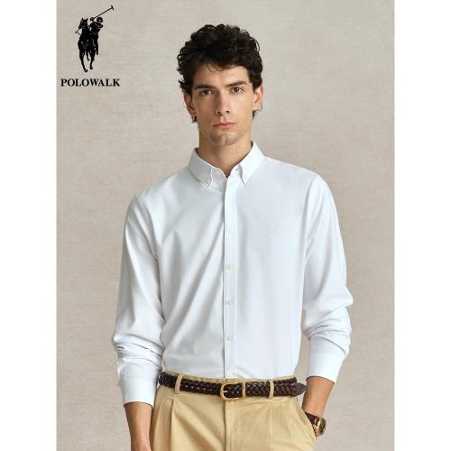 POLOWALK男士商務純色長袖翻領襯衫2024秋冬新款休閑小標刺繡上衣