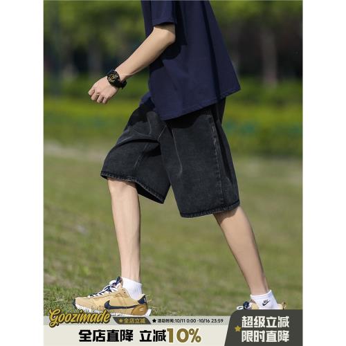 港仔文藝男日系黑色水洗牛仔短褲男2025新款夏季男生直筒工裝中褲
