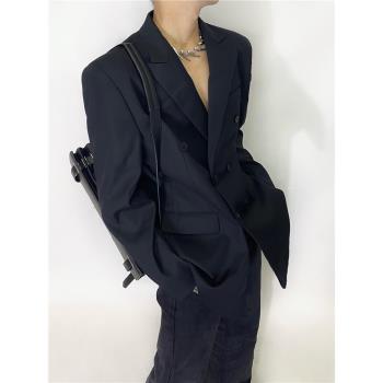 風黎谷/原創設計感黑色雙排扣西裝外套男休閑高階感寬松墊肩西服