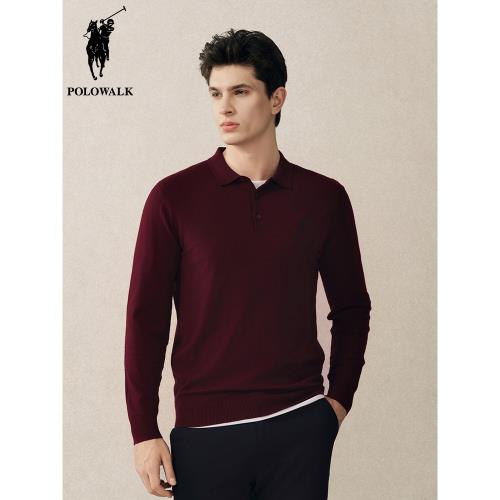 POLOWALK商務休閑polo領針織衫男2025春秋新款復古酒紅刺繡打底衫