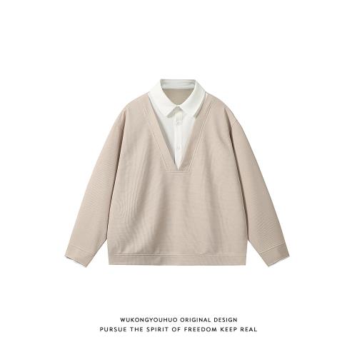 悟空有貨秋季復古假兩件長袖POLO衫男女寬松潮牌休閑百搭套頭衛衣