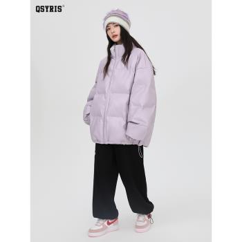 QSYRIS潮牌美式復古PU皮羽絨棉服男女冬季加厚立領情侶麵包服外套