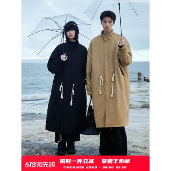 PSO Brand男女裝全棉格紋可束腰綁帶長款保暖寬松立領棉服外套冬