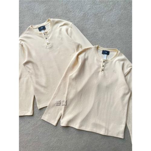 自主秋季新款休閑風格刺繡亨利領華夫格長袖松弛感T恤男女同款