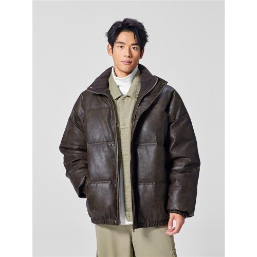 BODYDREAM高領保暖PU皮衣棉服男冬季復古做舊休閑通勤短款棉衣