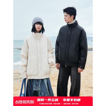 PSO Brand男女裝【90絨】純色PU皮立領羽絨服冬季外套休閑寬松