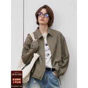 714street美式復古微皺泡泡紗格子翻領夾克春季新款寬松輕薄外套