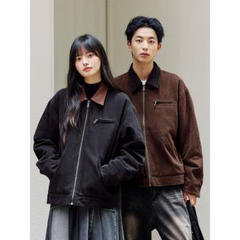 PSO Brand 美式復古學院風水洗撞色翻領春秋工裝棉服拉鏈外套潮牌
