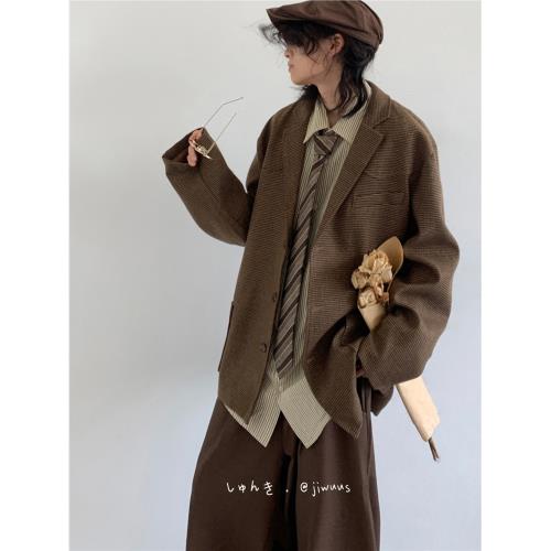 jiwuus 秋日系復古格子西裝外套男女生寬松休閑長袖千鳥格小西服