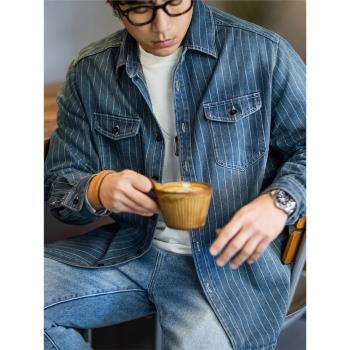 上彈工裝 重磅丹寧條紋襯衣硬漢牛仔襯衫美式復古cleanfit外套男