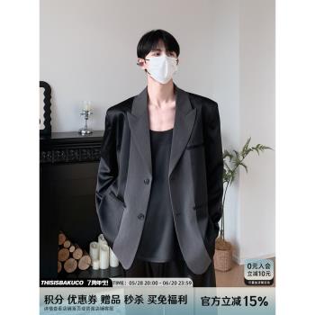 白口陽【時裝周】韓風小眾拼接秀款西裝休閑寬松百搭墊肩西服男