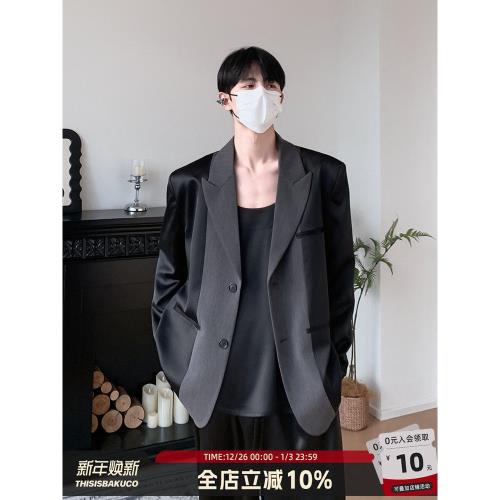 白口陽【時裝周】韓風小眾拼接秀款西裝休閑寬松百搭墊肩西服男