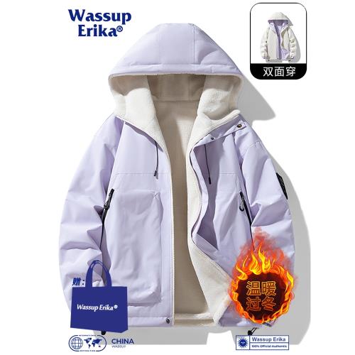 WASSUP ERIKA雙面穿加絨棉衣男冬季情侶羊羔毛厚外套紫色保暖夾克