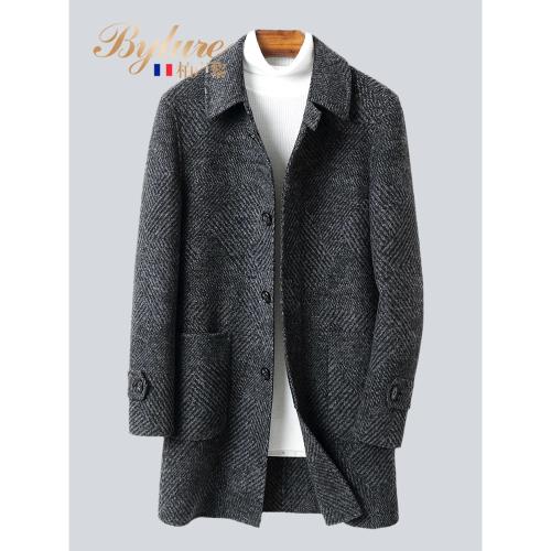 bylure輕奢商務風羊絨大衣男中年簡約高端斜紋單排扣中長款風衣