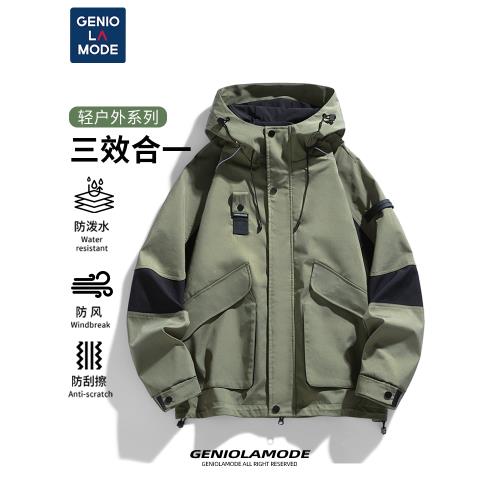 GENIOLAMODE外套男冬季戶外機能沖鋒衣2025新款加絨工裝連帽夾克