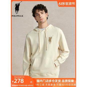 POLOWALK男士純色韓版大標刺繡連帽衛衣秋冬新款純棉簡約運動上衣