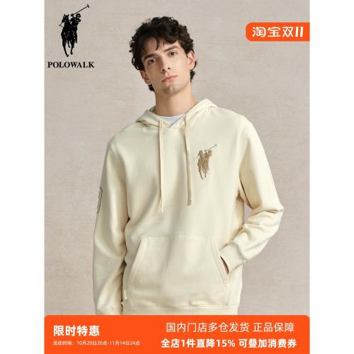 POLOWALK男士純色韓版大標刺繡連帽衛衣秋冬新款純棉簡約運動上衣