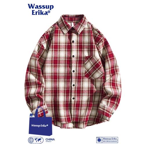 WASSUP ERIKA美式格子翻領襯衫男春秋穿搭長袖襯衣情侶款休閑外套