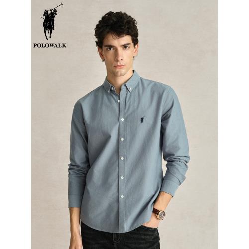 POLOWALK男士牛津紡純色長袖翻領襯衫春秋款上衣休閑純棉刺繡上衣