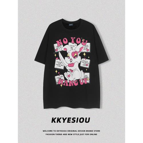 KKyesiou美式潮牌愛心兔子印花短袖T恤男女慵懶風ins撞色情侶上衣