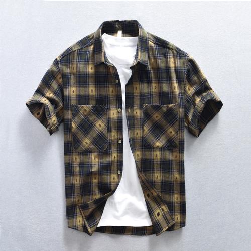 時尚千鳥格紋休閑短袖夏季男士花襯衫寬松潮牌高級感設計上衣抗皺