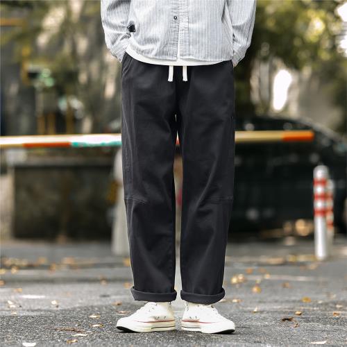 日系復古拼接貼標抽繩松緊腰工裝褲男潮牌春秋寬松直筒休閑闊腿褲