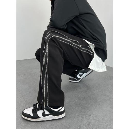 歐美高街側邊拉鏈休閑褲男寬松直筒百搭潮牌痞帥垂墜感拖地長褲子