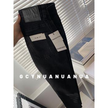 【GCYNUANUANUA】做舊/破洞/彈力/修身/小腳/水洗黑/貓須牛仔褲男