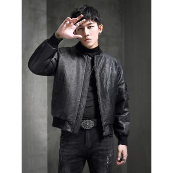 真皮皮衣男綿羊皮羽絨服棒球服領短款修身冬季寬松休閑青年夾克潮