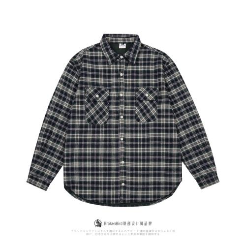 美式復古重磅格子長袖襯衫男秋冬季新款翻領襯衣寬松加絨百搭外套