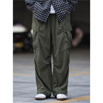男日系復古寬松燈芯絨休閑褲子 潮牌口袋可束腳軍綠工裝褲長褲潮