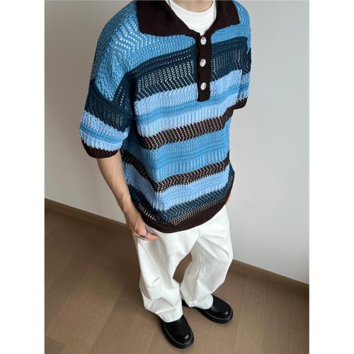 UNLG美式復古polo衫針織鏤空罩衫短袖t恤夏季薄款漁網眼寬松上衣