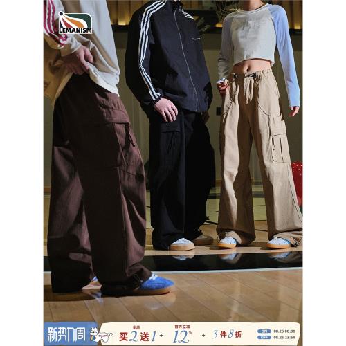 lemanism美式復古工裝褲男春秋潮牌直筒褲子寬松抽繩束腳褲休閑褲