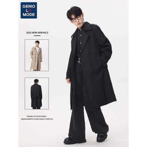 捷尼拉莫GENIOLAMODE黑色男士風衣春季新款中長款雙排扣大衣外套