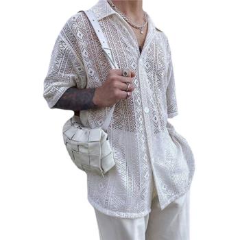 Summer new shirt tops men Hawaiian Shirts 大碼上衣透視襯衫男