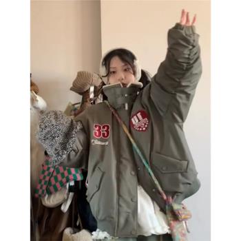 美式設計感羊羔毛翻領棉服男女2024秋冬季寬松復古情侶棉衣外套潮