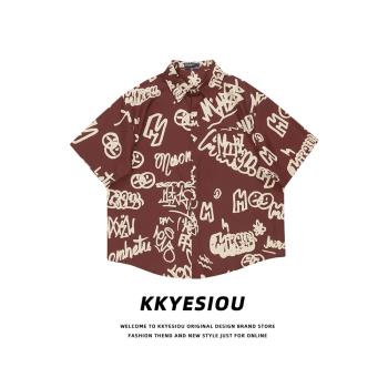 KKyesiou美式潮牌字母塗鴉短袖襯衫男女oversize休閑百搭情侶上衣