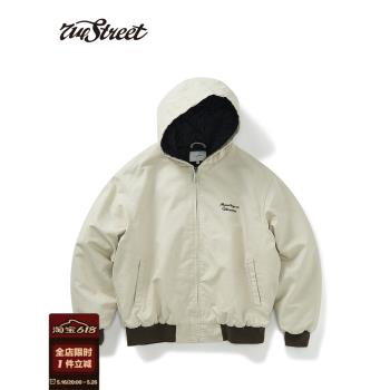 714street撞色棉服美式復古連帽棉外套秋冬新款男女寬松工裝夾克