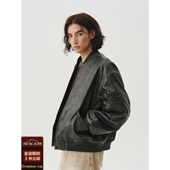 714street美式復古MA1飛行員夾克擦色皮衣外套寬松短闊棉服男女款