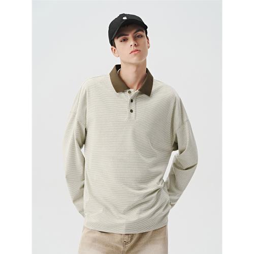 714street美式POLO衫男2024秋季新款條紋長袖t恤復古翻領情侶衛衣